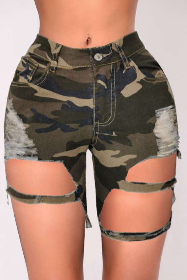 

lovely Casual Camo Print Hollow-out Army Green Denim Shorts, Army green camouflag