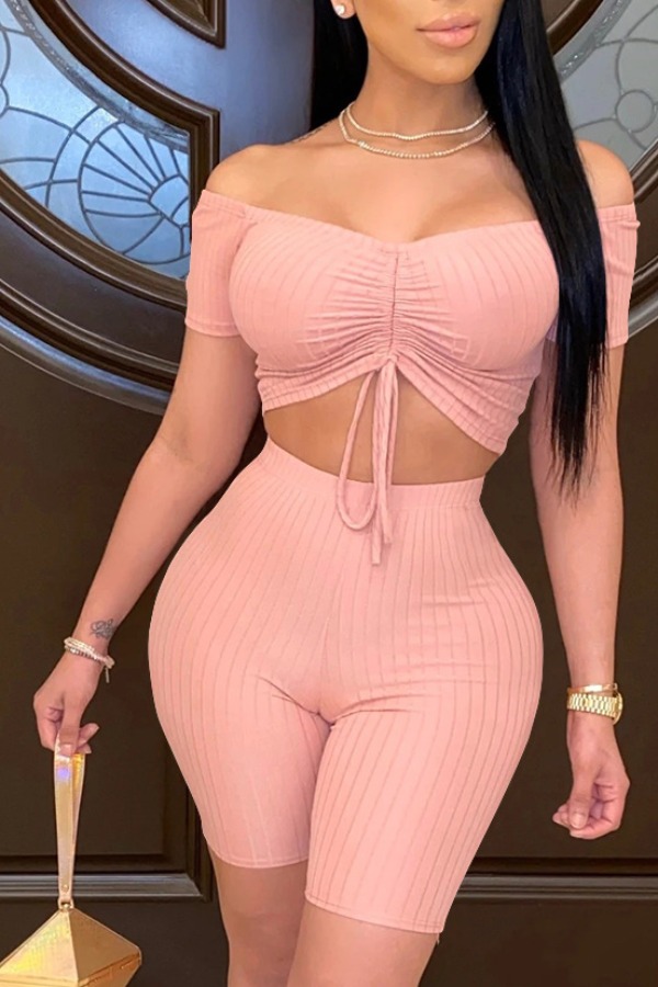 

lovely Trendy Striped Fold Design Pink Two Piece Shorts Set