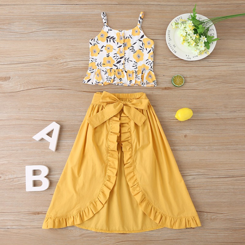 

lovely Stylish Plants Print Yellow Girl Two-piece Skirt Set
