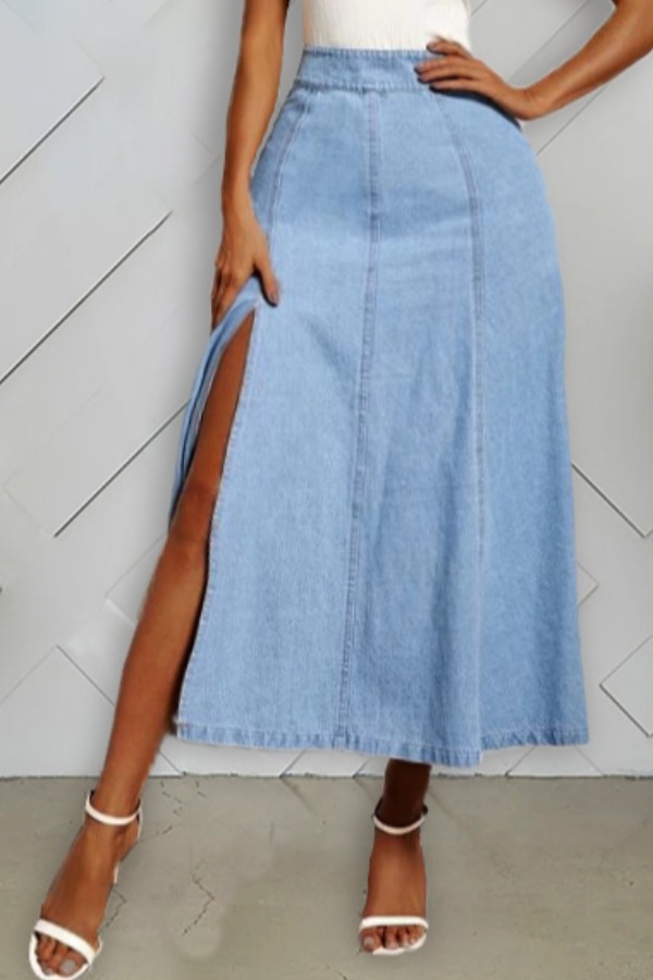 

lovely Casual Side High Slit Blue Denim Skirt