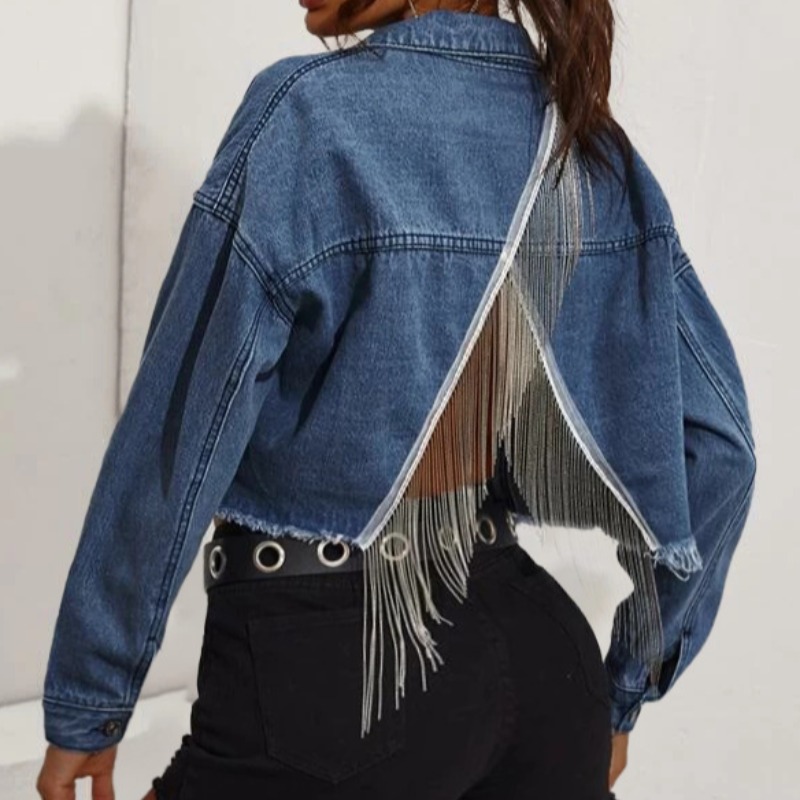 

lovely Street Turndown Collar Tassel Design Blue Denim Jacket