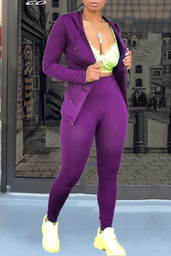 

lovely Sportswear Zipper Design Purple Two Piece Pants Set