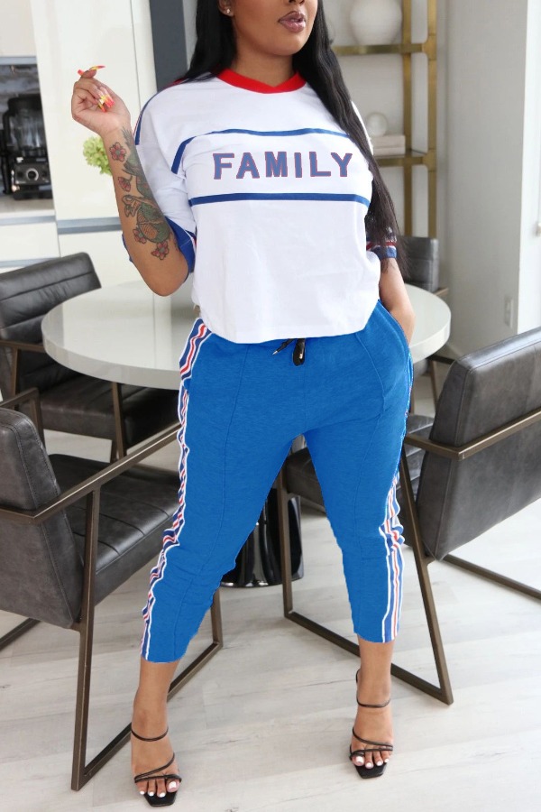 

lovely Leisure Letter Print Blue Two Piece Pants Set