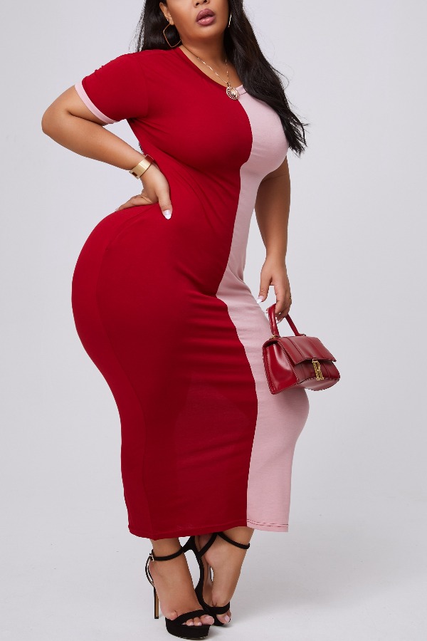 

lovely Casual Patchwork Wine Red Ankle Length Plus Size Dress