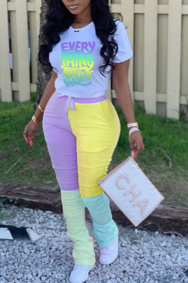 LovelyWholesale Plus Size Gradient Letter Print Tracksuit Pants Set Spring Short Sleeve Street Patchwork Round Neck  5X Spring Summer 2024