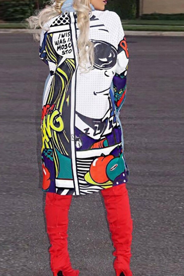 

lovely Street Print Patchwork Deep Blue Denim Jacket