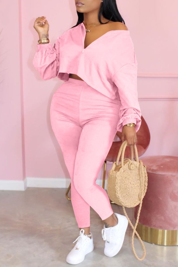 

Lovely Casual Zipper Design Pink Plus Size Two-piece Pants Set