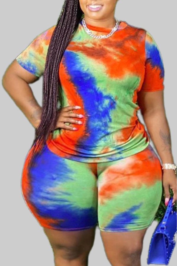 

lovely Leisure O Neck Tie-dye Multicolor Plus Size Two-piece Shorts Set, Multi