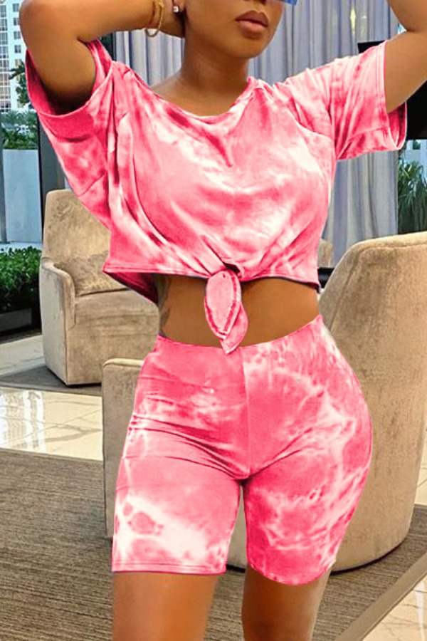 

lovely Street O Neck Tie Dye Pink Two Piece Shorts Set