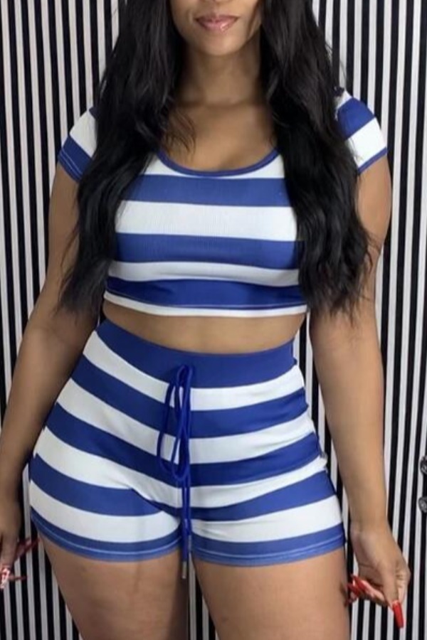 

lovely Casual O Neck Striped Blue Two Piece Shorts Set