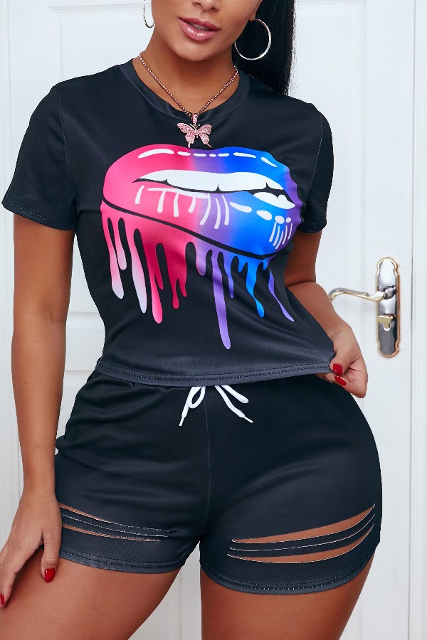 

lovely Leisure O Neck Lip Print Black Two Piece Shorts Set