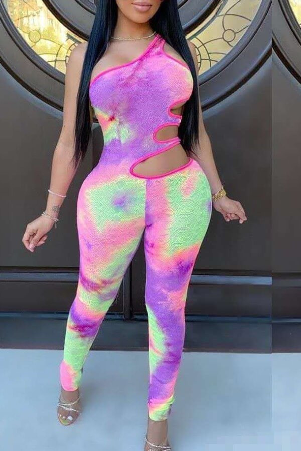

lovely Trendy One Shoulder Tie-dye Purple One-piece Jumpsuit
