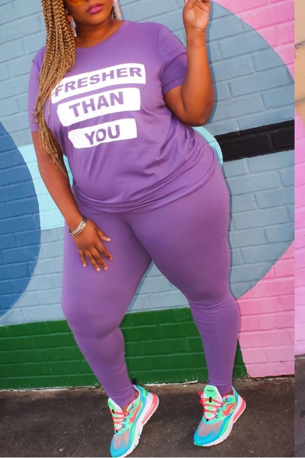 

lovely Street Letter Print Purple Plus Size Two-piece Pants Set