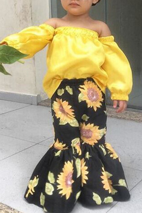

lovely Stylish Floral Print Yellow Girl Two-piece Pants Set