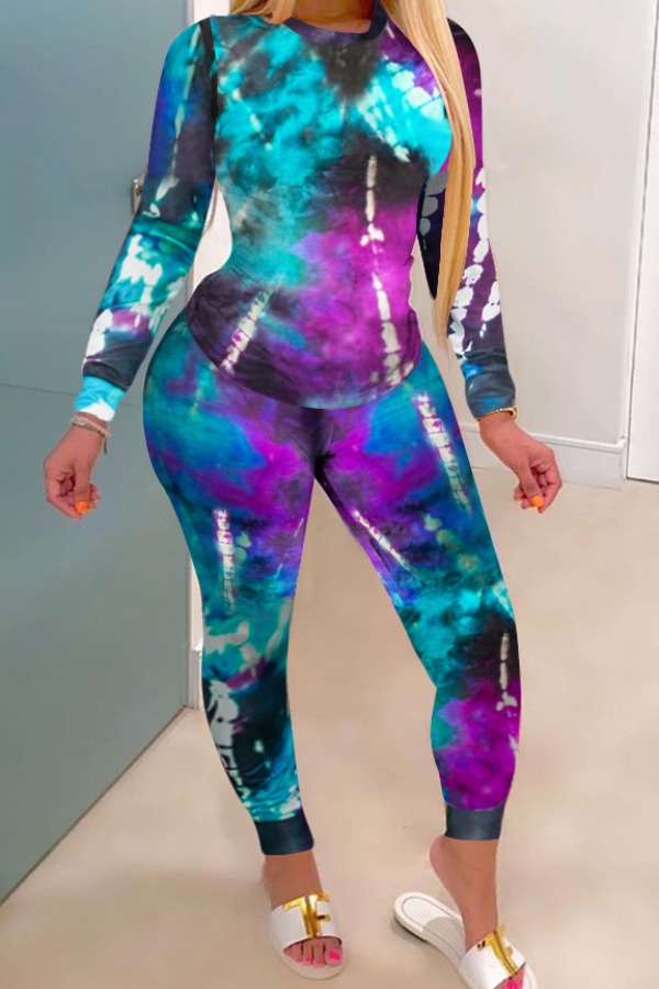 

lovely Casual Tie Dye Blue Two Piece Pants Set