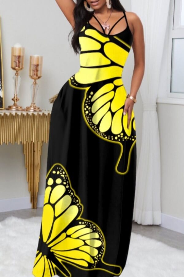 

LW Stylish Butterfly Print Black Maxi Dress