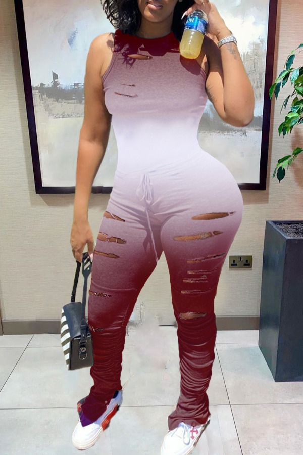 

lovely Trendy Gradual Change Hollow-out Wine Red Plus Size Two-piece Pants Set