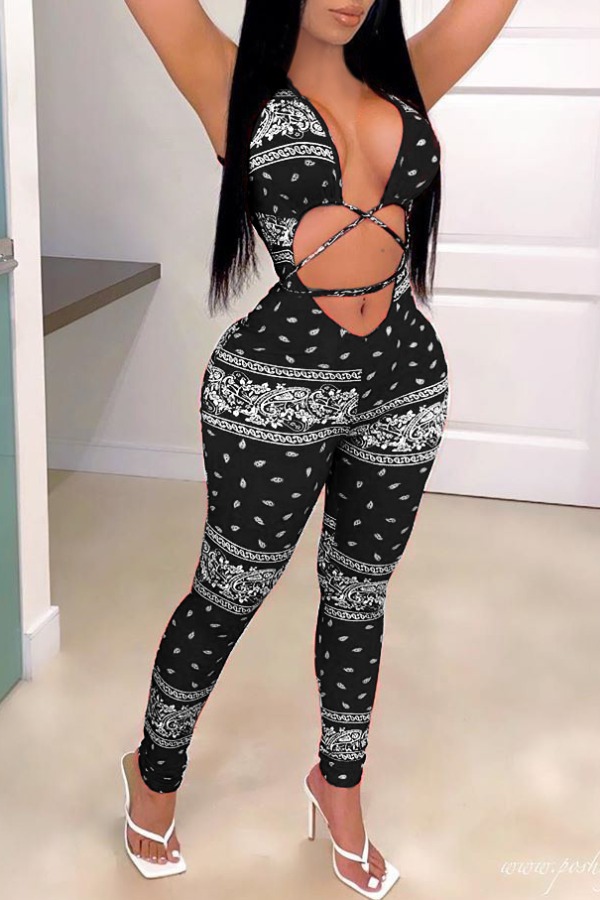 

Lovely Sexy Print Black One-piece Jumpsuit