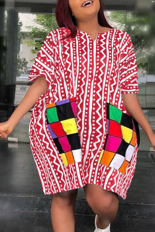 

Lovely Casual Print Patchwork Red Knee Length Plus Size Dress