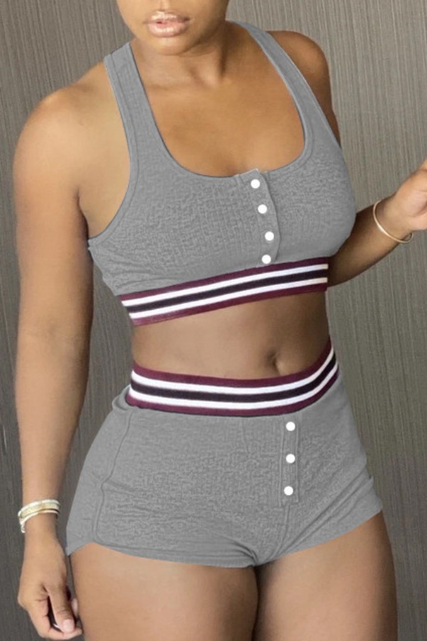 

lovely Sportswear Buttons Design Patchwork Grey Two Piece Shorts Set