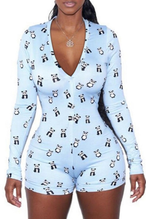 

Lovely Leisure V Neck Print Baby Blue One-piece Romper