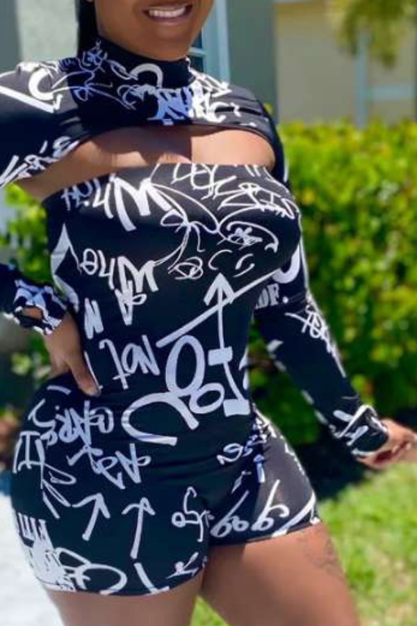 

lovely Sexy Letter Print Black One-piece Romper(Two-piece