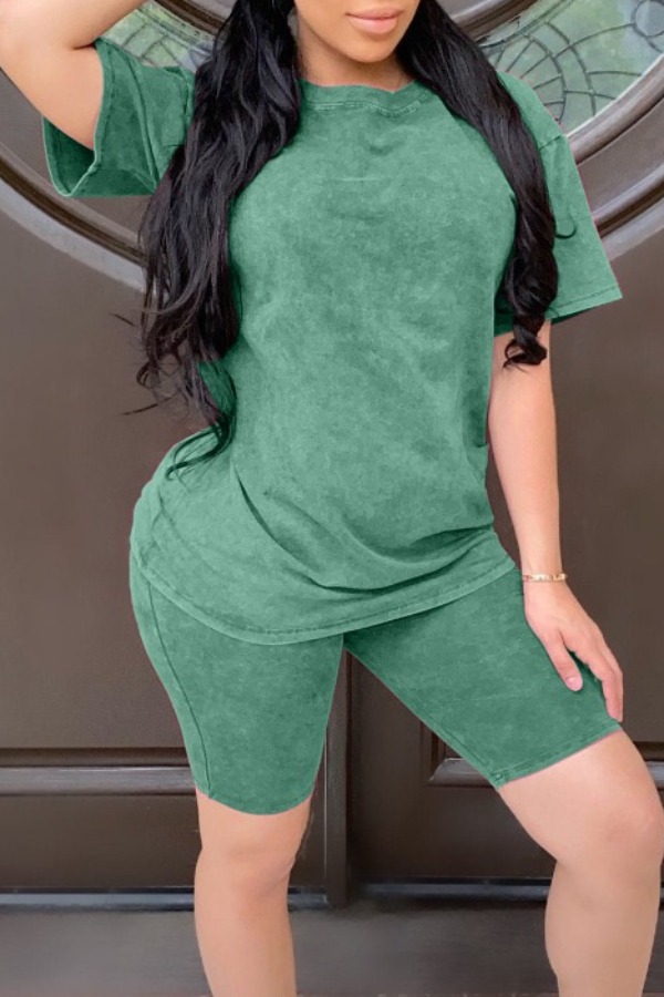 LW Casual Basic Green Two Piece Shorts Set