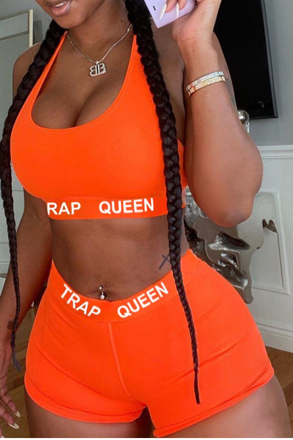 

lovely Sportswear Letter Print Orange Two-piece Shorts Set