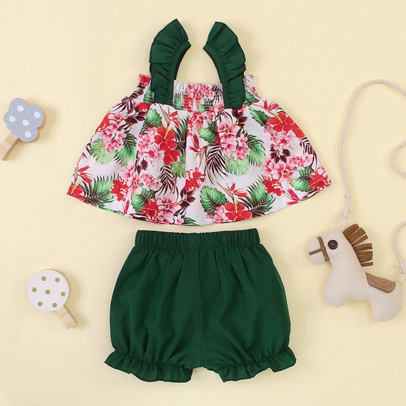 

lovely Bohemian Plants Print Green Girl Two-piece Shorts Set