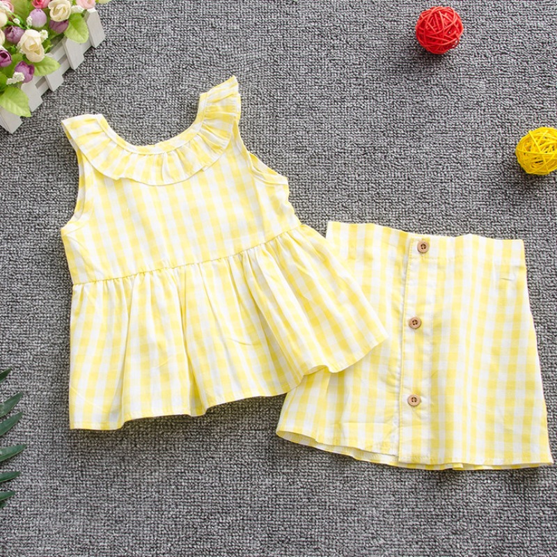 

lovely Sweet Grid Print Yellow Girl Two-piece Skirt Set