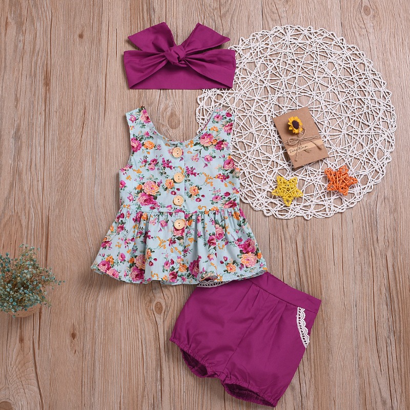 

lovely Sweet Floral Print Purple Girl Two-piece Shorts Set