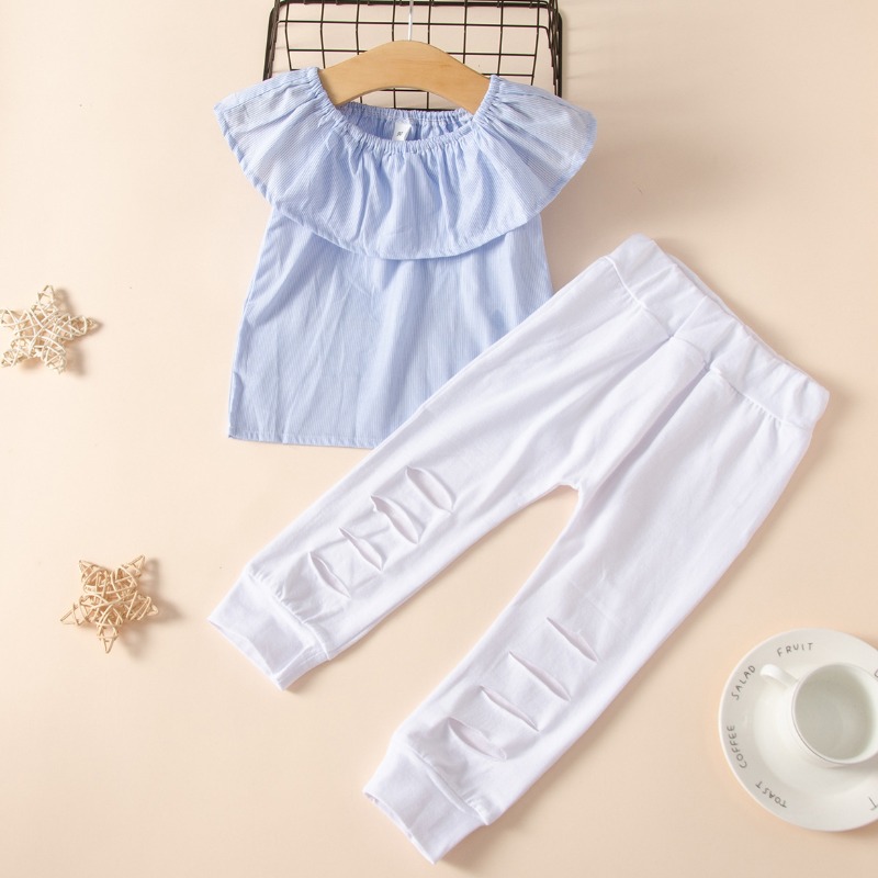 

lovely Sweet Flounce Design Baby Blue Girl Two-piece Pants Set