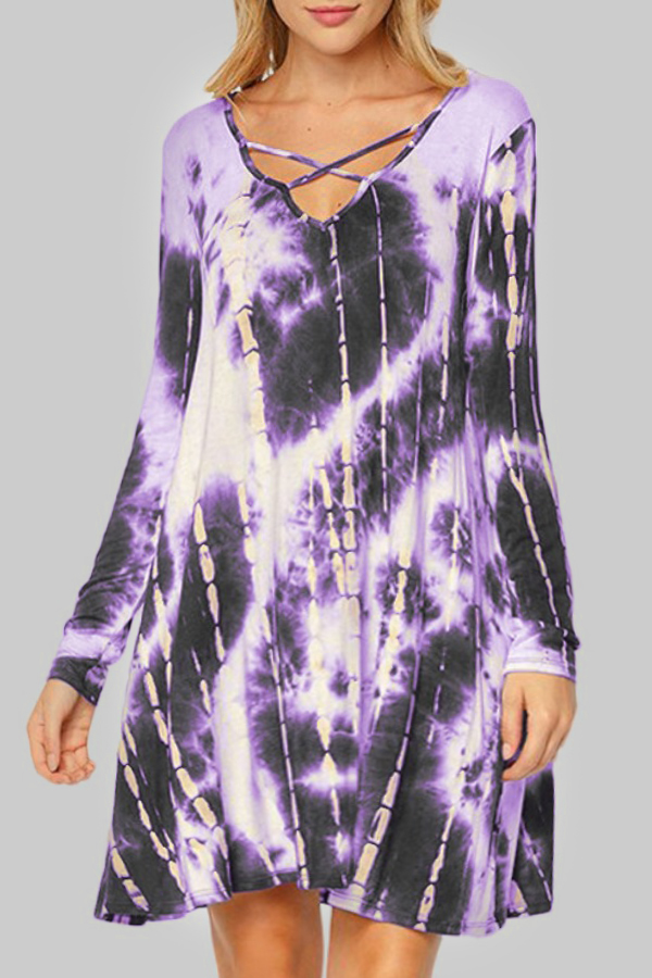 

Lovely Casual V Neck Tie-dye Purple Mini Plus Size Dress
