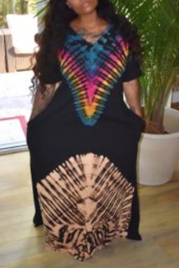 

Lovely Ethnic V Neck Print Black Maxi Dress