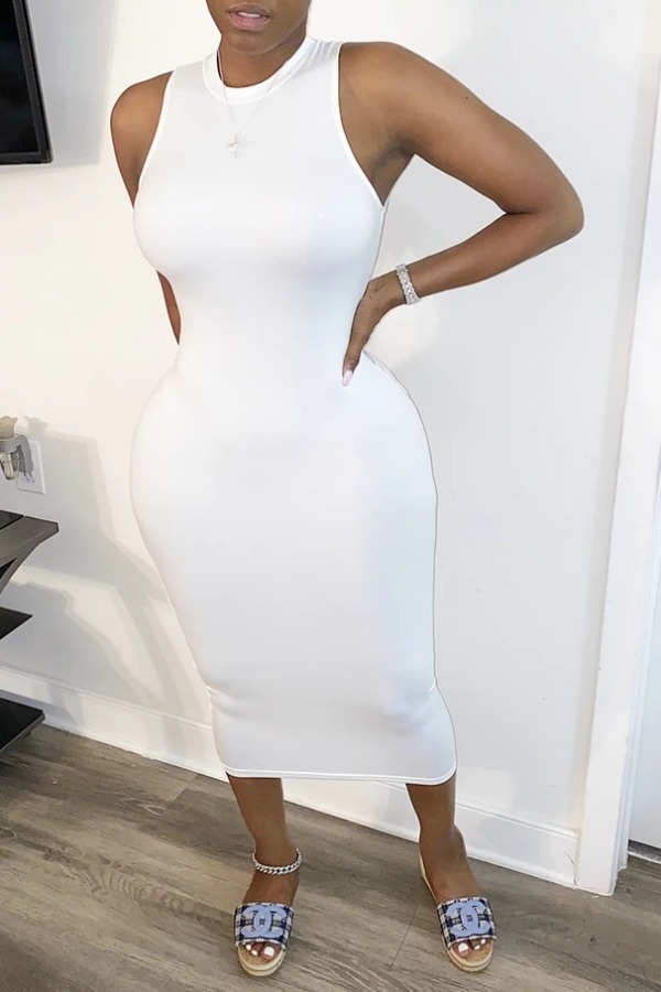

Lovely Casual O Neck Basic Skinny White Mid Calf Dress