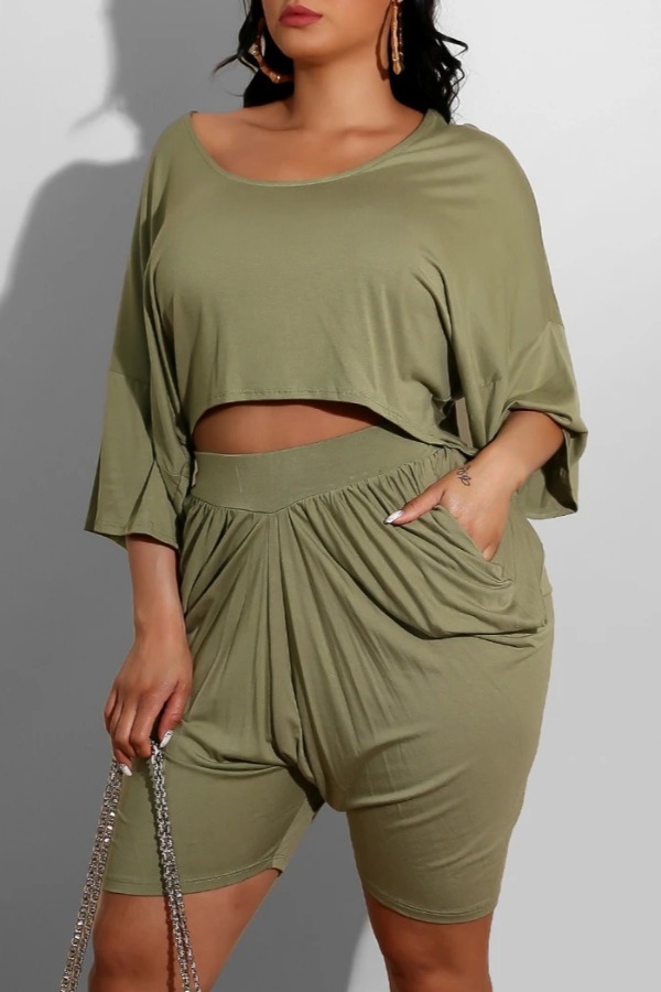 

lovely Leisure O Neck Fold Design Army Green Loungewear