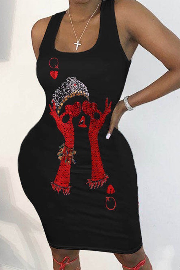 

lovely Street U Neck Print Black Knee Length Dress