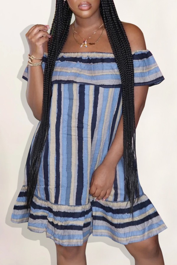 

lovely Sweet Dew Shoulder Striped Blue Knee Length Dress