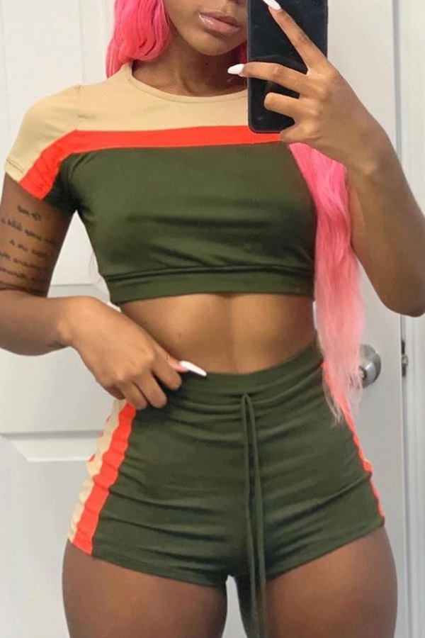 

lovely Trendy Patchwork Army Green Two Piece Shorts Set