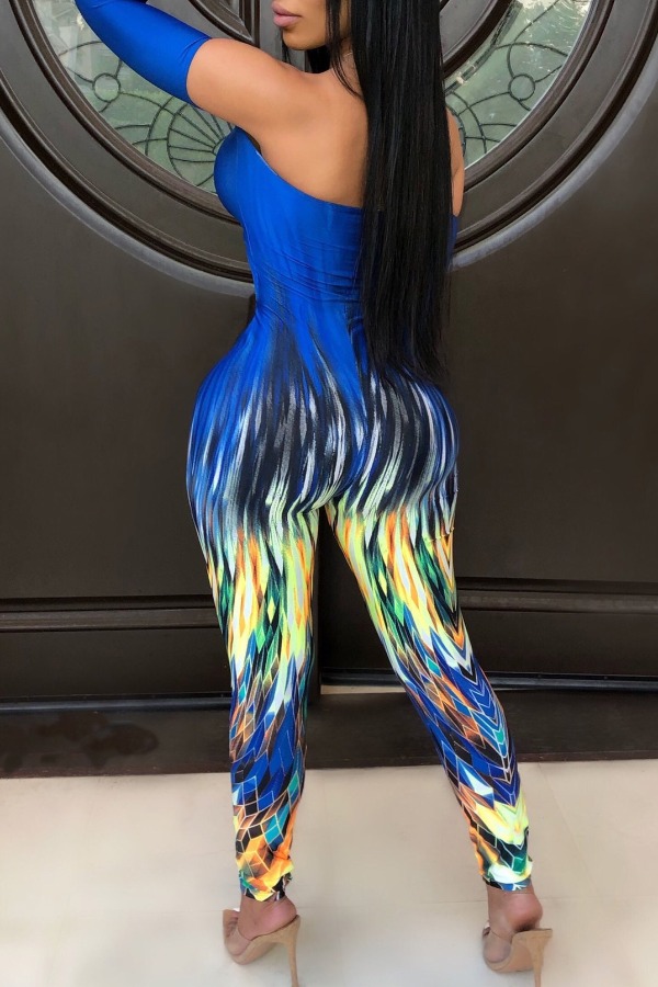 

lovely Sexy Dew Shoulder Print Blue One-piece Jumpsuit