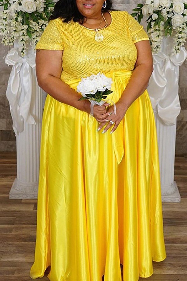 

lovely Casual Patchwork Fold Design Yellow Maxi Plus Size Dress
