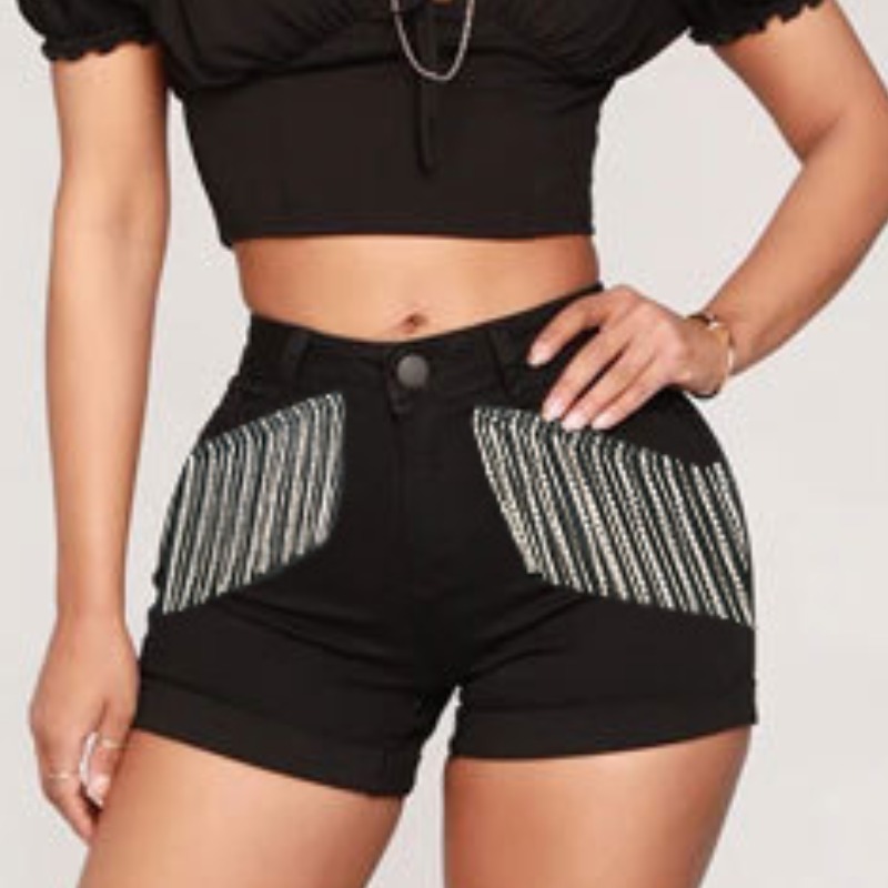 

lovely Trendy Tassel Design Black Denim Shorts