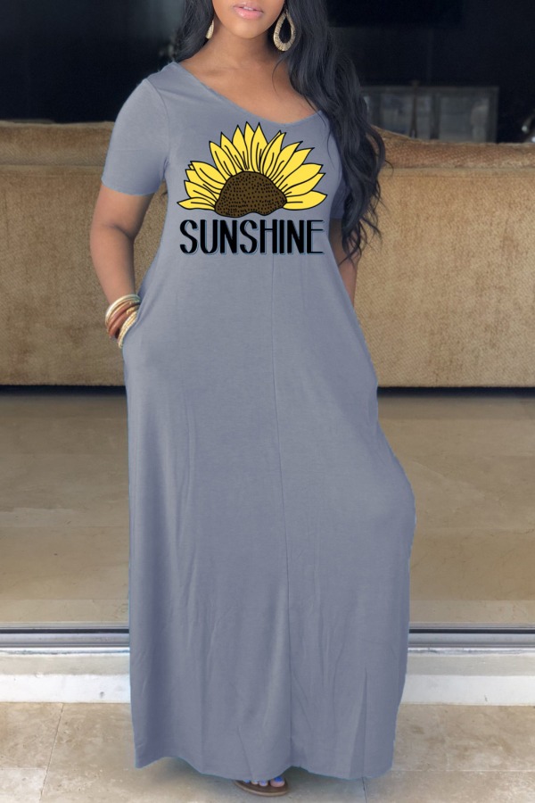 

lovely Casual V Neck Print Grey Maxi Dres