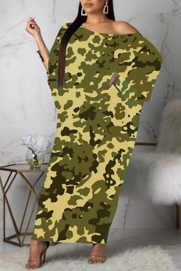 

lovely Casual Print Army Green Ankle Length Plus Size Dress
