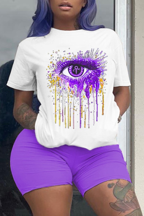 

LW Plus Size Leisure O Neck Eye Print Purple Two-piece Shorts Set