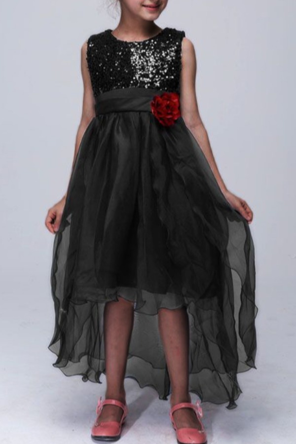 

lovely Trendy O Neck Patchwork Asymmetrical Black Girl Knee Length Dress