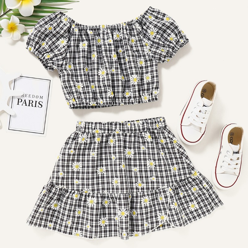 

lovely Trendy Grid Print Black Girl Two-piece Skirt Set