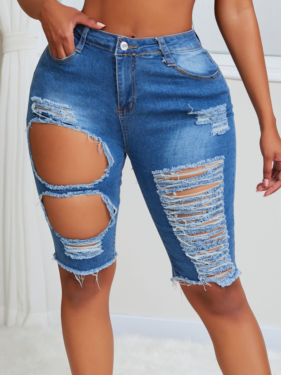 

lovely Casual Hollow-out Baby Blue Denim Shorts