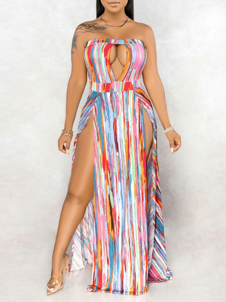 

lovely Sexy Striped Hollow-out Pink Maxi Dress
