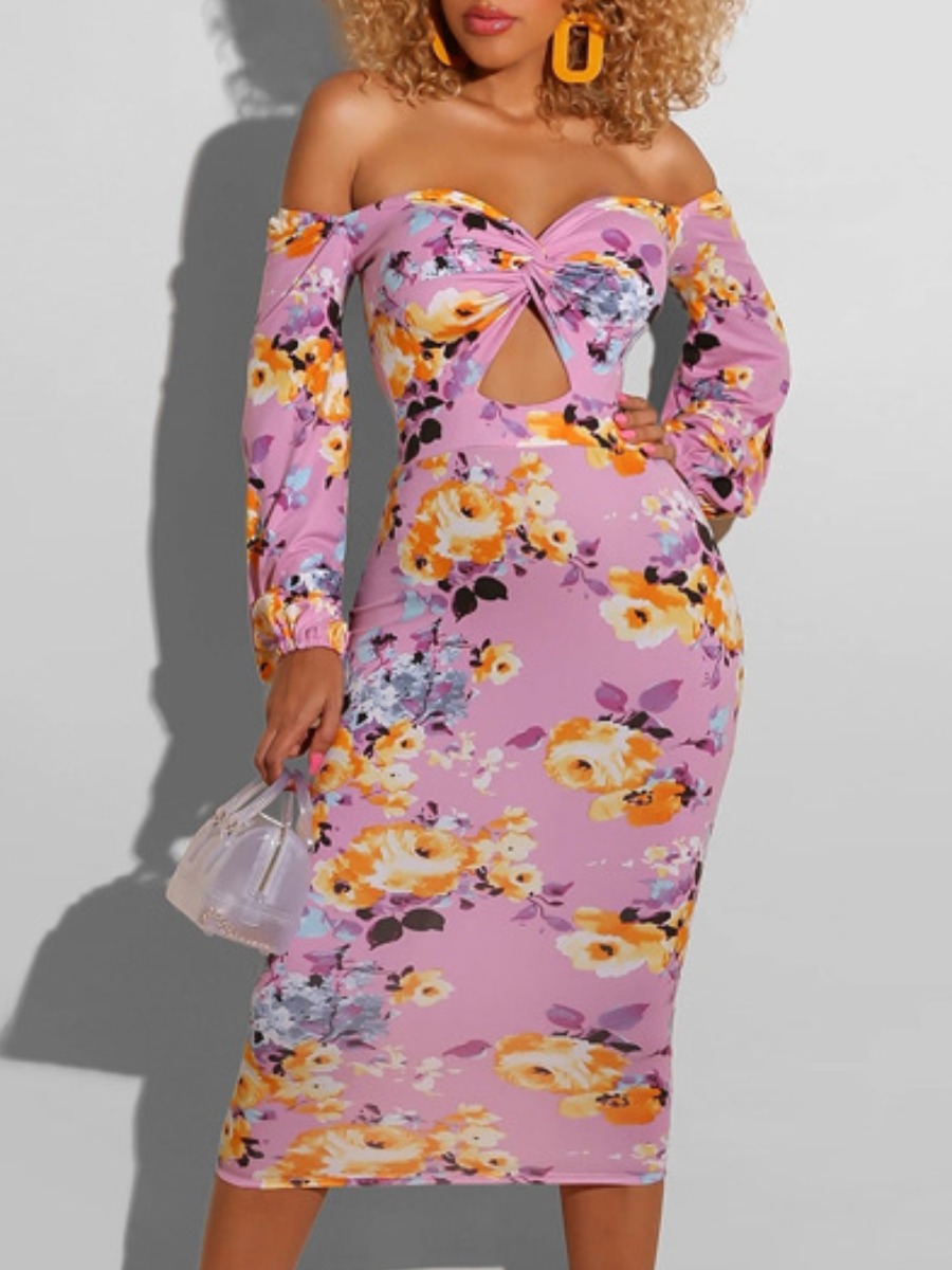 

lovely Sweet Dew Shoulder Print Pink Knee Length Dress